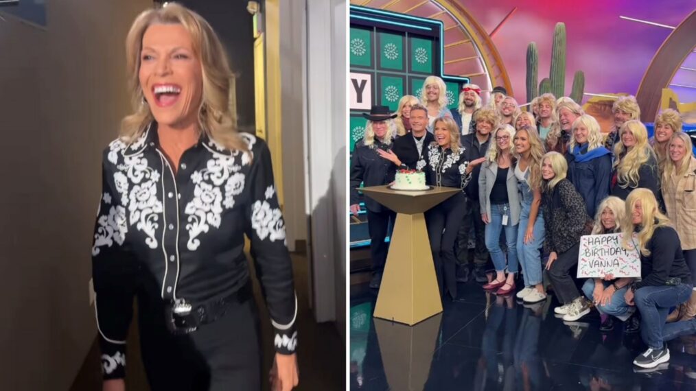 Vanna White on the set of 'Wheel of Fortune' celebrating her 69th birthday. (right) crew members wearing blonde wigs to celebrate her