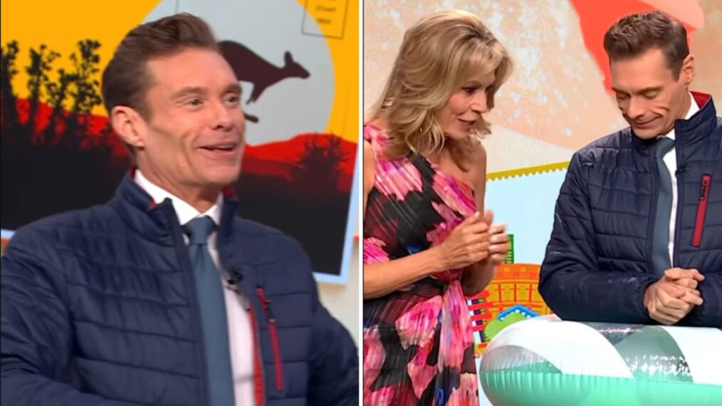 Ryan Seacrest in an outfit for 'Wheel of Fortune' South of the Eqautor week in February 2, 2026, (right) Vanna White looking at his outfit