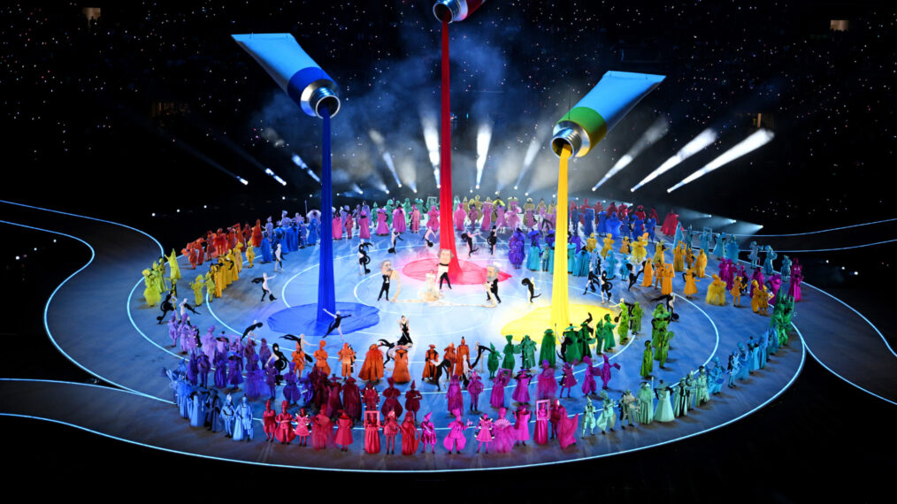 A parade of performers dressed as symbols of Italian imagination and creativity during the opening ceremony of the Milano Cortina 2026 Winter Olympics at San Siro Stadium on February 6, 2026, in Milan, Italy