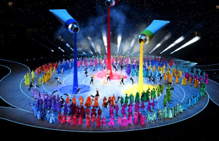 A parade of performers dressed as symbols of Italian imagination and creativity during the opening ceremony of the Milano Cortina 2026 Winter Olympics at San Siro Stadium on February 6, 2026, in Milan, Italy