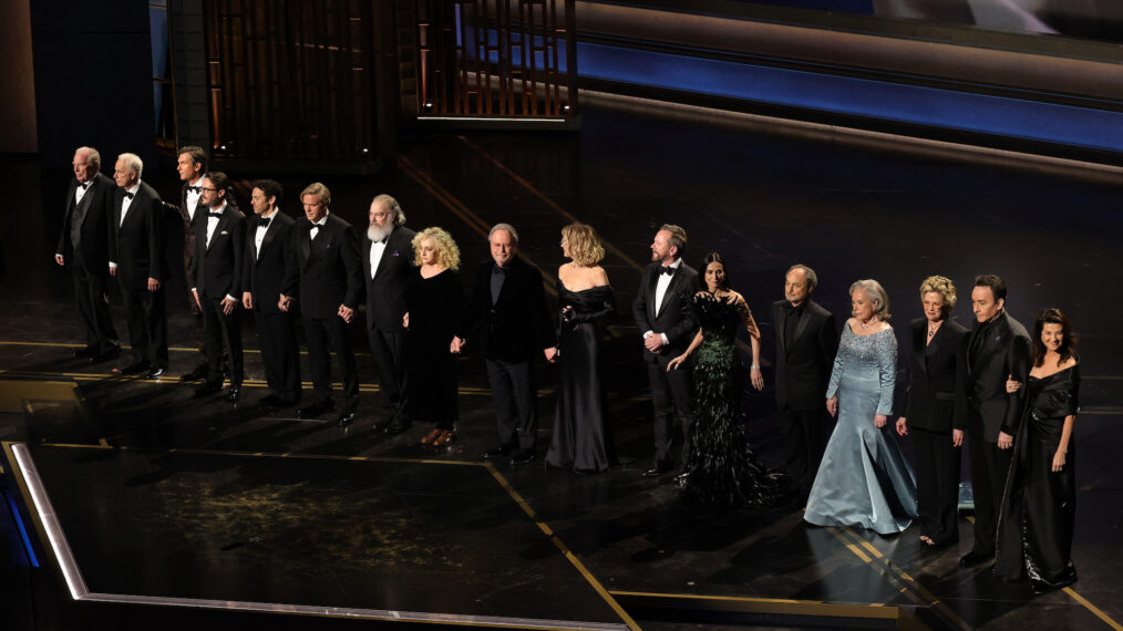 Michael McKean, Christopher Guest, Jerry O'Connell, Wil Wheaton, Fred Savage, Cary Elwes, Mandy Patinkin, Carol Kane, Billy Crystal, Meg Ryan, Kiefer Sutherland, Demi Moore, Kevin Pollak, Kathy Bates, Annette Bening, John Cusack and Daphne Zuniga speak onstage during the 98th Oscars at Dolby Theatre on March 15, 2026 in Hollywood, California.