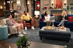 “Welcome to the Things We Do for Love” – Marty meets Courtney’s intimidating father to ask for his blessing, but Clancy’s (Anthony Anderson) cryptic response sends Calvin and Tina digging for answers. Meanwhile, Gemma and Dave are stunned by Grover’s tattoo, on THE NEIGHBORHOOD, Monday, March 30 (8:00-8:30 PM, ET/PT) on the CBS Television Network, and streaming on Paramount+. Pictured: Max Greenfield as Dave, Cedric The Entertainer as Calvin, Tichina Arnold as Tina and Beth Behrs as Gemma. Photo: Monty Brinton/CBS ©2025 CBS Broadcasting, Inc. All Rights Reserved.