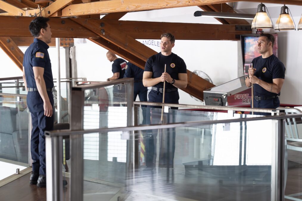 Kenneth Choi as Chimney, Oliver Stark as Buck, Ryan Guzman as Eddie — '9-1-1' Season 9 Episode 14 