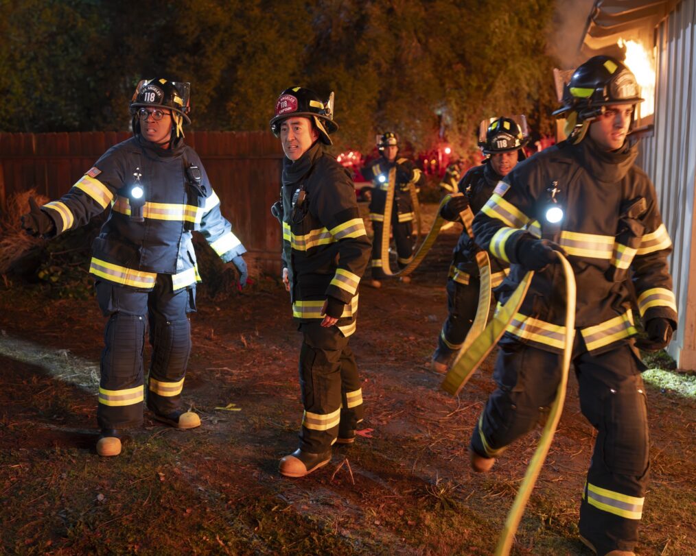 Aisha Hinds as Hen, Kenneth Choi as Chimney, Elijah M. Cooper as Harry, Anirudh Pisharody as Ravi — '9-1-1' Season 9 Episode 14 