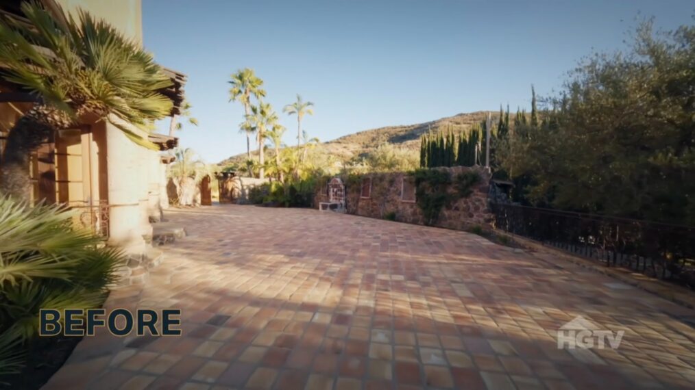 HGTV's 'Bachelor Mansion Takeover,' Season 1, Episode 5, March 30, 2026, terrace before.