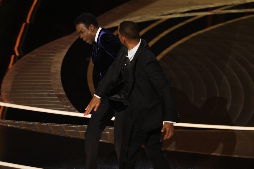 Will Smith appears to slap Chris Rock onstage during the 94th Annual Academy Awards at Dolby Theatre on March 27, 2022 in Hollywood, California.