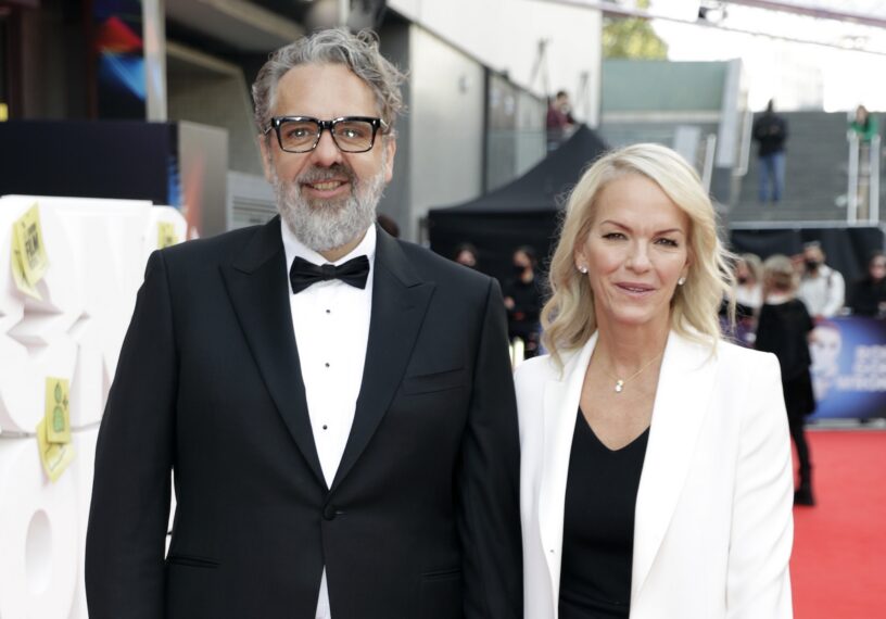 Keith Tyson and Elisabeth Murdoch attend the "Ron's Gone Wrong" World Premiere during the 65th BFI London Film Festival at The Royal Festival Hall on October 09, 2021 in London, England.