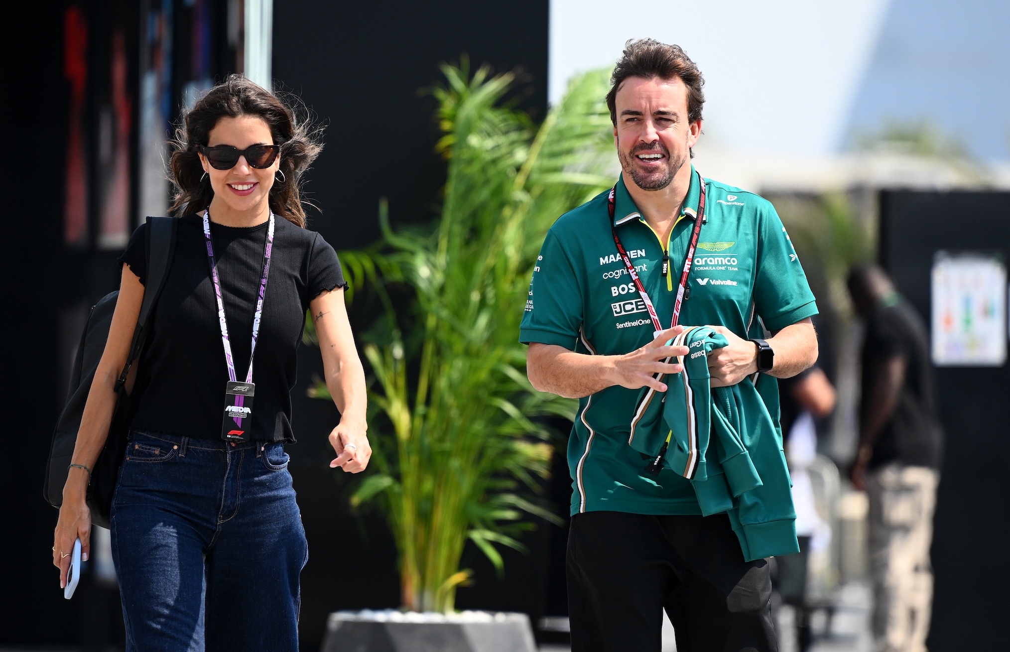 Fernando Alonso of Spain and Aston Martin F1 Team with Melissa Jiminez in the Paddock during practice ahead of the F1 Grand Prix of Saudi Arabia at Jeddah Corniche Circuit on April 18, 2025 in Jeddah, Saudi Arabia