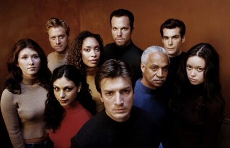 FIREFLY, from left, Jewel Staite, Alan Tudyk, Morena Baccarin, Gina Torres, Nathan Fillion, Adam Baldwin, Ron Glass, Sean Maher, Summer Glau, 2002-03. ph: Stewart Volland / TV Guide / TM and Copyright ©20th Century Fox Film Corp. All rights reserved / courtesy Everett Collection