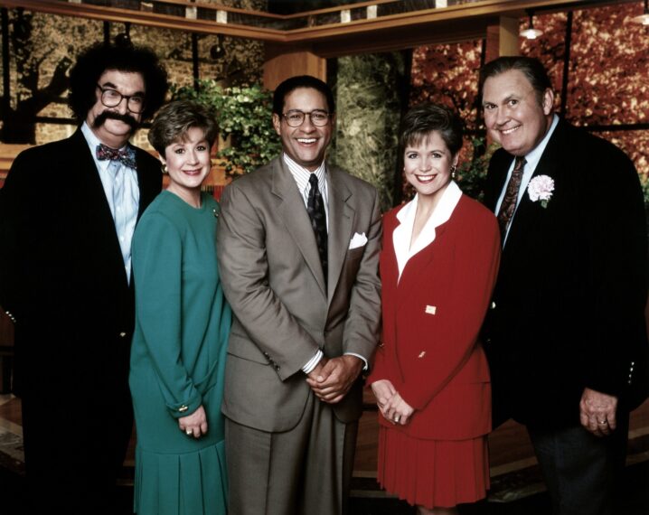 THE TODAY SHOW, from left, Gene Shalit, Jane Pauley, Bryant Gumbel, Katie Couric, Willard Scott, ca. early 1990s.