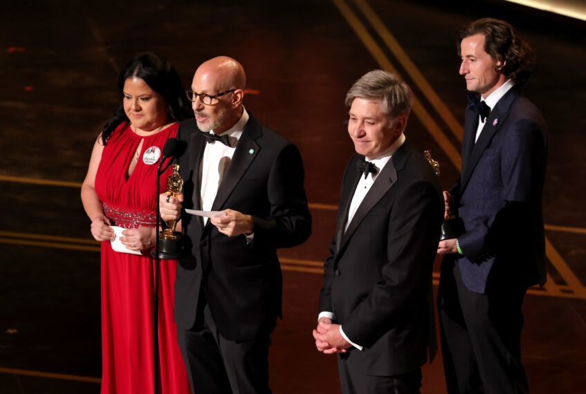 Gloria Cazares, Joshua Seftel, Steve Hartman, and Conall Jones accept the Documentary Short Film award for "All the Empty Rooms" onstage during the 98th Oscars at Dolby Theatre on March 15, 2026 in Hollywood, California.