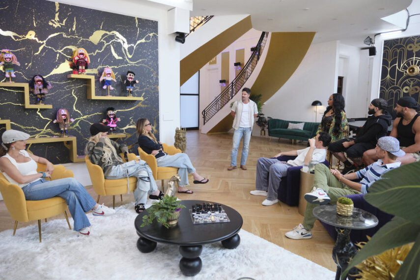 HOUSE OF VILLAINS -- "This Is Bananas" Episode 306 -- Pictured: (l-r) Drita D&rsquo;Avanzo, Christine Quinn, Kate Chastain, Johnny &ldquo;Bananas&rdquo; Devenanzio, Tom Sandoval, Tiffany &ldquo;New York&rdquo; Pollard, Paul Abrahamian, Tyson Apostol, Johnny Middlebrooks -- (Photo by: Adam Rose/Peacock)