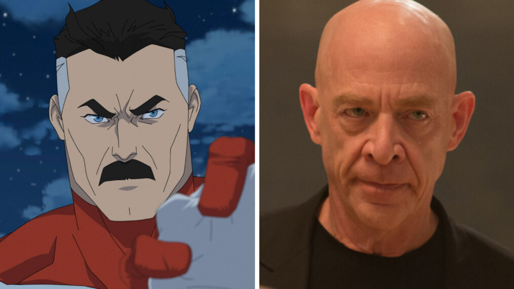 WHIPLASH, J.K. Simmons, 2014. ph: Daniel McFadden/©Sony Pictures Classics/Courtesy Everett Collection; INVINCIBLE, Omni-Man (voice: J.K. Simmons), (Season 2, ep. 201, aired Nov. 3, 2023). photo: ©Amazon / Courtesy Everett Collection