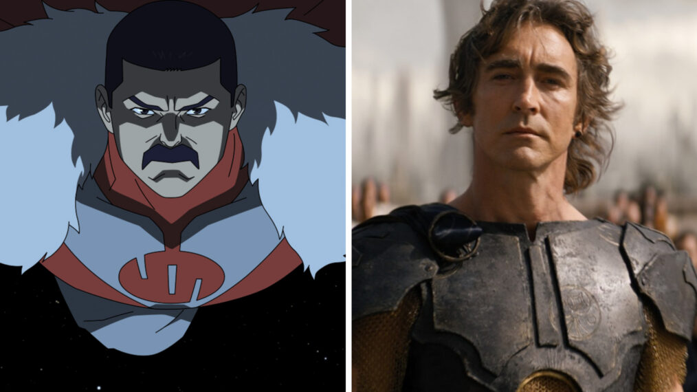 Invincible Season 4 - First Look, Thragg (Lee Pace) in Invincible. Courtesy of Prime; FOUNDATION, Lee Pace, 'The Last Empress', (Season 2, ep. 208, aired Sept. 1, 2023). photo: ©Apple TV+ /Courtesy Everett Collection