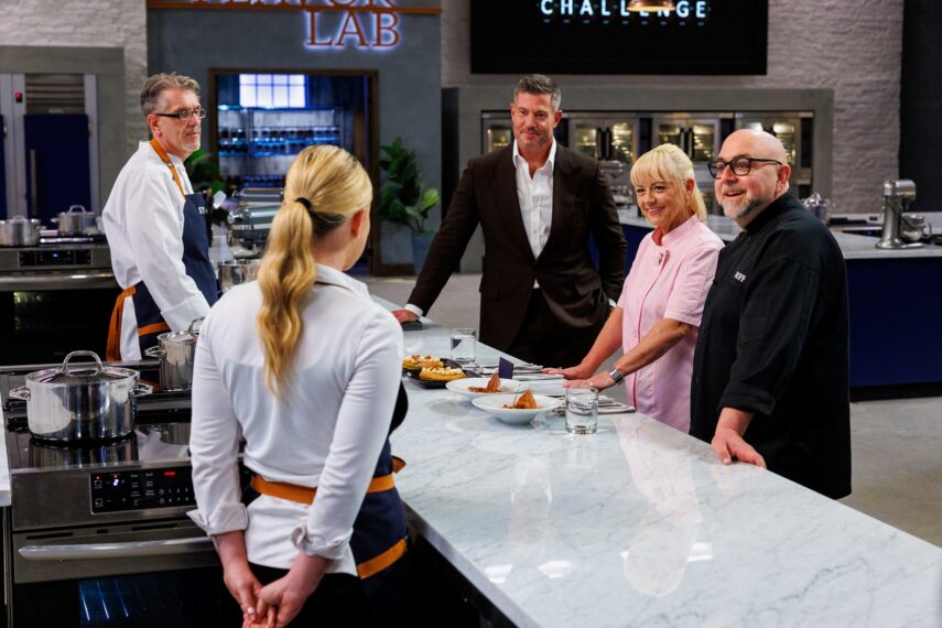 Jesse Palmer, Sherry Yard and Duff Goldman with competitors in The Ultimate Baking Championship