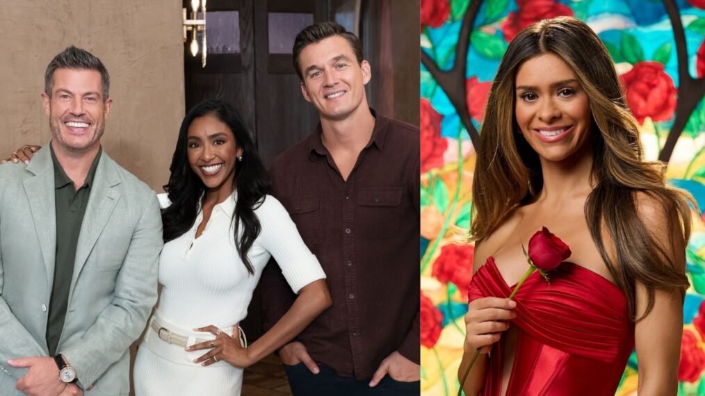 Jesse Palmer, Tayshia Adams, and Tyler Cameron on Season 1 of HGTV's 'Bachelor Mansion Takeover,' 2026; Taylor Frankie Paul, 'The Bachelorette' Season 22 promo art, ABC, 2026.