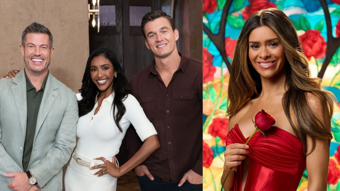 Jesse Palmer, Tayshia Adams, and Tyler Cameron on Season 1 of HGTV's 'Bachelor Mansion Takeover,' 2026; Taylor Frankie Paul, 'The Bachelorette' Season 22 promo art, ABC, 2026.