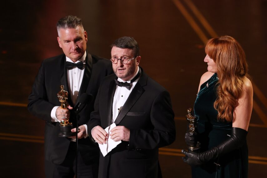 Jordan Samuel, Mike Hill, and Cliona Furey accept the Makeup and Hairstyling award for