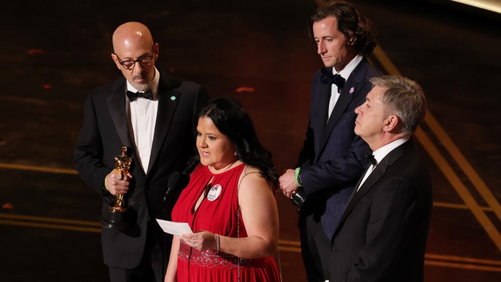 Joshua Seftel, Gloria Cazares, Conall Jones, and Steve Hartman accept the Documentary Short Film award for 'All the Empty Rooms' onstage during the 98th Oscars at Dolby Theatre on March 15, 2026 in Hollywood, California.