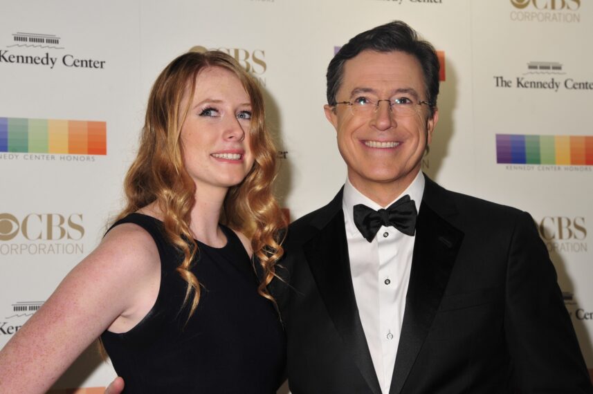 Host Stephen Colbert with his daughter Madeleine Colbert arrive at the 38th Annual Kennedy Center Honors Gala at the Kennedy Center for the Performing Arts on December 6, 2015 in Washington, DC.