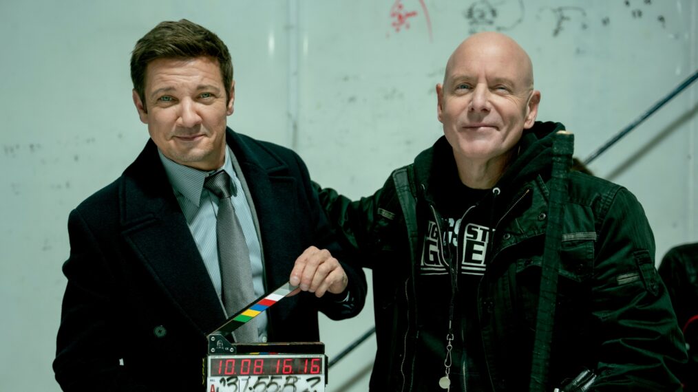 BTS of Jeremy Renner as Mike McClusky and Hugh Dillon as Ian Ferguson in Mayor of Kingstown episode 1, season 5, streaming on Paramount+, 2026. Credit: Jeremy Parsons/Paramount+
