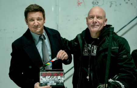 BTS of Jeremy Renner as Mike McClusky and Hugh Dillon as Ian Ferguson in Mayor of Kingstown episode 1, season 5, streaming on Paramount+, 2026. Credit: Jeremy Parsons/Paramount+