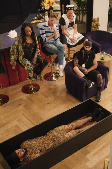 HOUSE OF VILLAINS -- "This Is Bananas" Episode 306 -- Pictured: (l-r) Tiffany &ldquo;New York&rdquo; Pollard, Tyson Apostol, Tom Sandoval, Paul Abrahamian -- (Photo by: Adam Rose/Peacock)