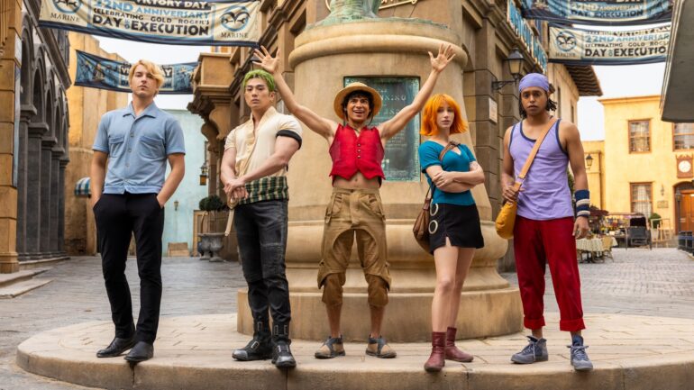 One Piece. (L to R) Taz Skylar as Sanji, Mackenyu as Roronoa Zoro, Iñaki Godoy as Monkey D. Luffy, Emily Rudd as Nami, Jacob Romero as Usopp in episode 101 of One Piece. Cr. Casey Crafford/Netflix © 2025