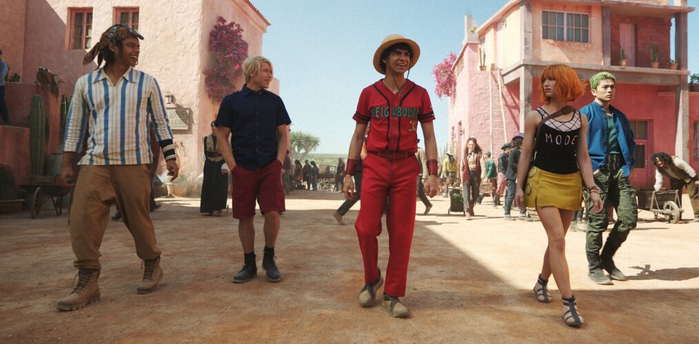 One Piece. (L to R) Jacob Romero as Usopp, Taz Skylar as Sanji, Iñaki Godoy as Monkey D. Luffy, Emily Rudd as Nami, Mackenyu as Roronoa Zoro in season 2 of One Piece. Cr. Courtesy of Netflix © 2025