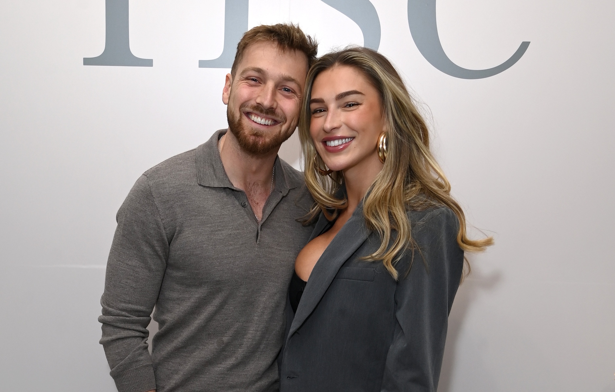 Sam Thompson and Zara McDermott attend the showcase of her new Everyday Essentials clothing brand venture RISE on April 17, 2024 in London, England.