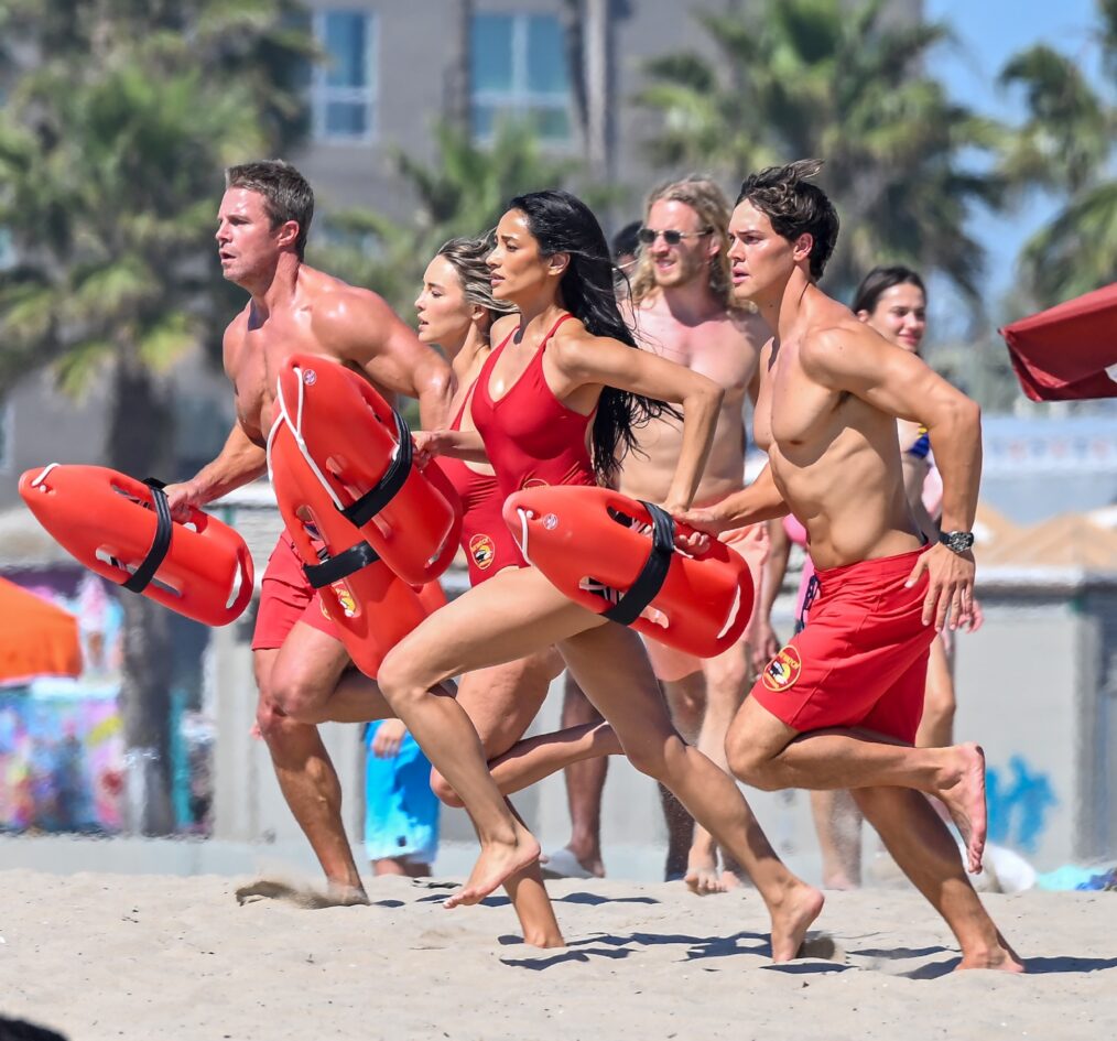 VENICE, CA - MARCH 18: Shay Mitchell, Noah Beck, Hassie Harrison, and Stephen Amell are seen on the set of Baywatch on March 18, 2026 in Venice, California. (Photo by MEGA/GC Images)