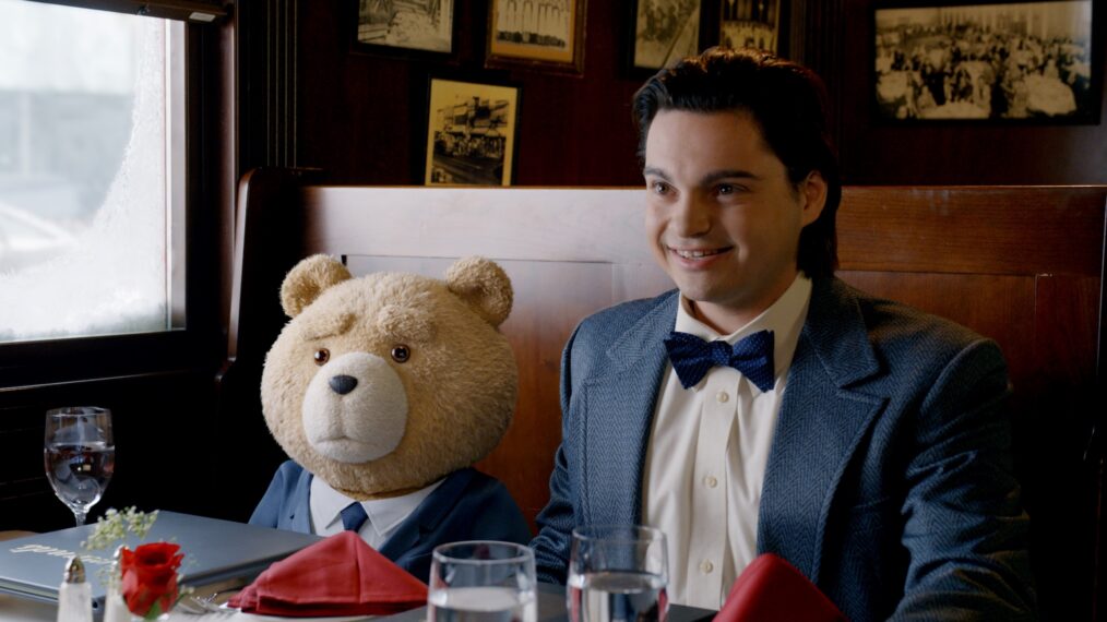 TED -- 'The Mom's Bombed Rom Com' Episode 204 -- Pictured: (l-r) Seth MacFarlane as voice of Ted, Max Burkholder as John -- (Photo by: Peacock)