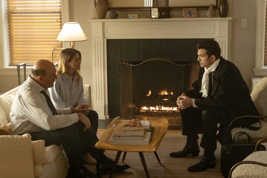 The Beauty -- "Beautiful Living Rooms" -- Season 1, Episode 7 (Airs Wed, Feb 18) -- Pictured (L-R): John Carroll Lynch as Agent Meyer Williams, Kelli O'Hara as Juliana Williams, Ashton Kutcher as The Corporation. CR: Eric Liebowitz/FX