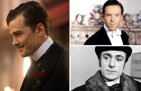 MASTERPIECE: THE FORSYTES Episode 3 Shown L-R: Irene (Millie Gibson) and Soames (Joshua Orpin) Credit: Sean Gleason; THE FORSYTE SAGA, Eric Porter, 1967; THE FORSYTE SAGA: TO LET, (aka THE FORSYTE SAGA II), Damian Lewis, 2003, © WGBH / Courtesy: