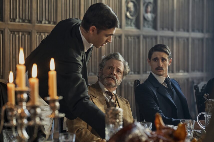 Hero Fiennes Tiffin, Colin Firth, Dónal Finn. Photo credit: Daniel Smith/Prime