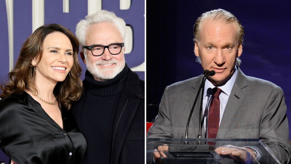 Amy Landecker and Bradley Whitford the New York premiere of ‘Death by Lightning’ at the Plaza Hotel on November 3, 2025, in New York City; Bill Maher speaks onstage during the 6th Annual Sean Penn & Friends HAITI RISING Gala Benefiting J/P Haitian Relief Organization at the Montage Hotel on January 7, 2017, in Beverly Hills, California