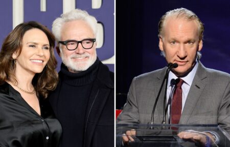 Amy Landecker and Bradley Whitford the New York premiere of ‘Death by Lightning’ at the Plaza Hotel on November 3, 2025, in New York City; Bill Maher speaks onstage during the 6th Annual Sean Penn & Friends HAITI RISING Gala Benefiting J/P Haitian Relief Organization at the Montage Hotel on January 7, 2017, in Beverly Hills, California