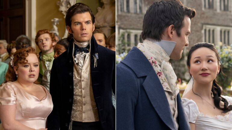Bridgerton's Colin and Penelope in Seaosn 3 (left), Sophie and Benedict in Season 4 (right)