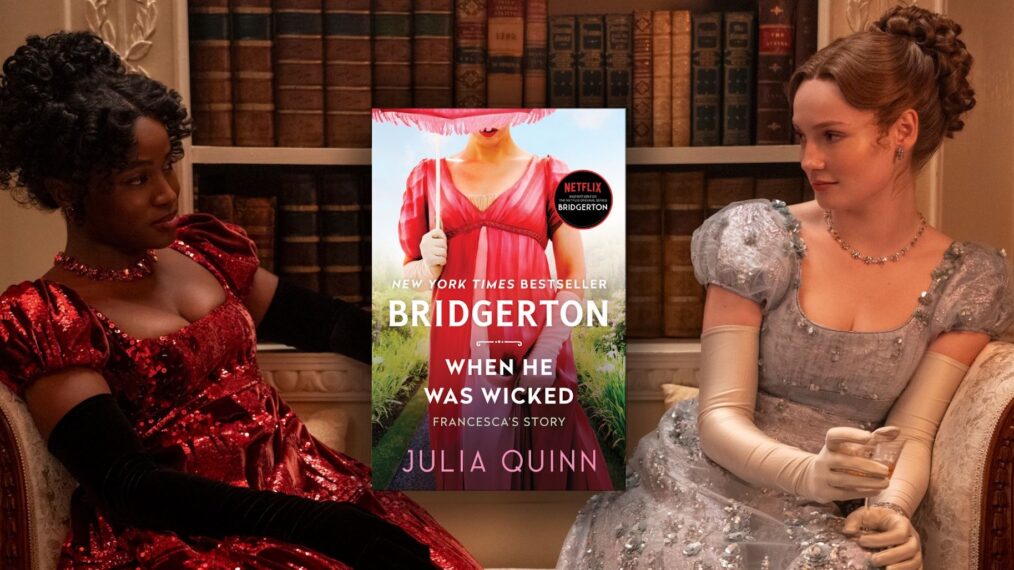 Francesca and Michaela next to Julia Quinn's 'When He Was Wicked'