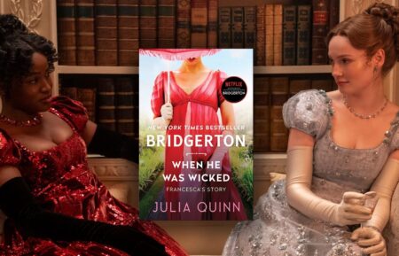 Francesca and Michaela next to Julia Quinn's 'When He Was Wicked'