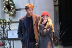 Christopher Briney and Michelle Randolph are seen filming at the 'Clashing Through The Snow' set in the Upper West Side, Manhattan on March 19, 2026 in New York City.