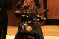 Christopher Briney and Michelle Randolph are seen filming at the 'Clashing Through the Snow' set in Downtown, Manhattan on March 12, 2026 in New York City.