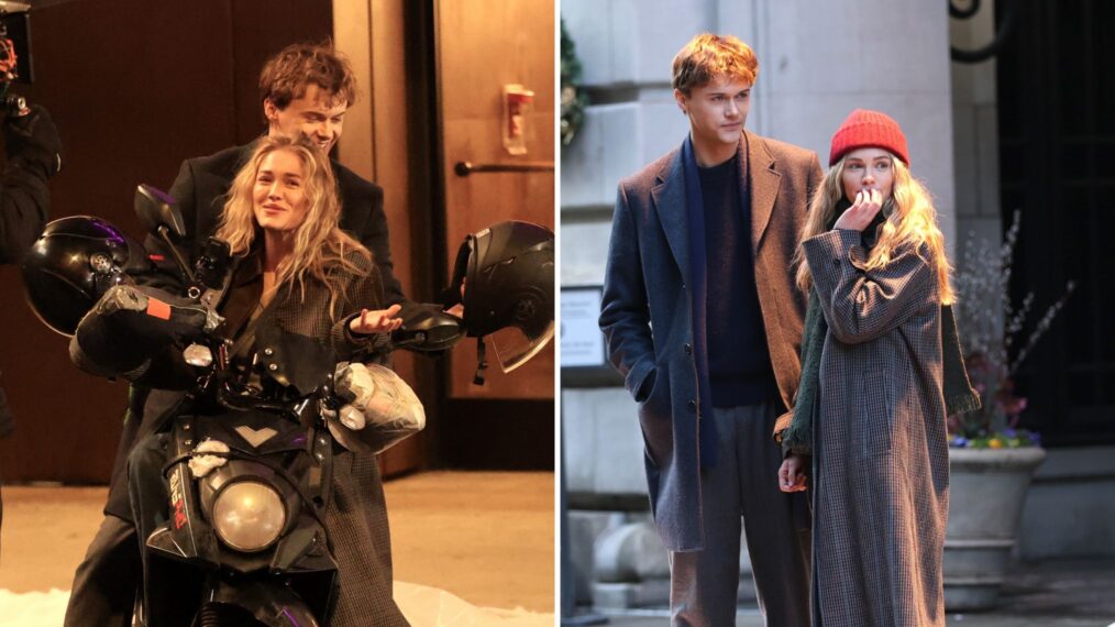 Christopher Briney and Michelle Randolph are seen filming at the 'Clashing Through the Snow' set in Downtown, Manhattan on March 12, 2026 in New York City.