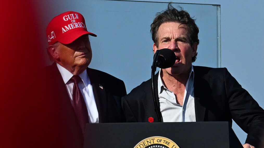 Dennis Quaid joins President Donald Trump as he speaks at the Port of Corpus Christi on February 27, 2026, in Corpus Christi, Texas