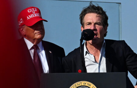 Dennis Quaid joins President Donald Trump as he speaks at the Port of Corpus Christi on February 27, 2026, in Corpus Christi, Texas