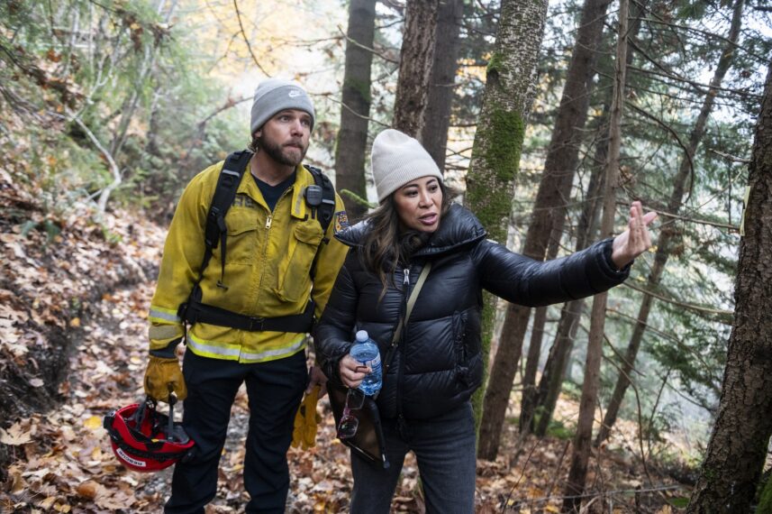 Max Thieriot as Bode Leone and Leslie Alejandro (Director) — Behind the scenes of 'Fire Country' Season 4 Episode 11 "Elite of the Elite"