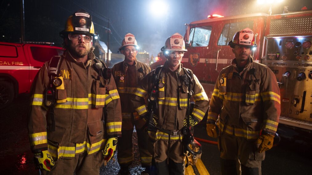 Max Thieriot as Bode Leone, Kevin Alejandro as Manny Perez, Shawn Hatosy as Chief Brett Richards, and Jordan Calloway as Jake Crawford — 'Fire Country' Season 4 Episode 12 'Life of a Firefighter'