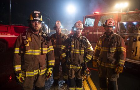 Max Thieriot as Bode Leone, Kevin Alejandro as Manny Perez, Shawn Hatosy as Chief Brett Richards, and Jordan Calloway as Jake Crawford — 'Fire Country' Season 4 Episode 12 