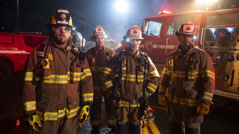 Max Thieriot as Bode Leone, Kevin Alejandro as Manny Perez, Shawn Hatosy as Chief Brett Richards, and Jordan Calloway as Jake Crawford — 'Fire Country' Season 4 Episode 12 