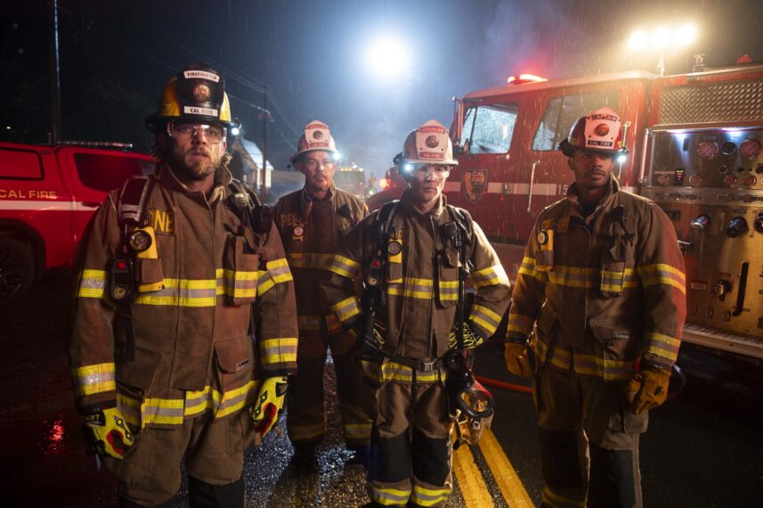 Max Thieriot as Bode Leone, Kevin Alejandro as Manny Perez, Shawn Hatosy as Chief Brett Richards, and Jordan Calloway as Jake Crawford — 'Fire Country' Season 4 Episode 12 "Life of a Firefighter"